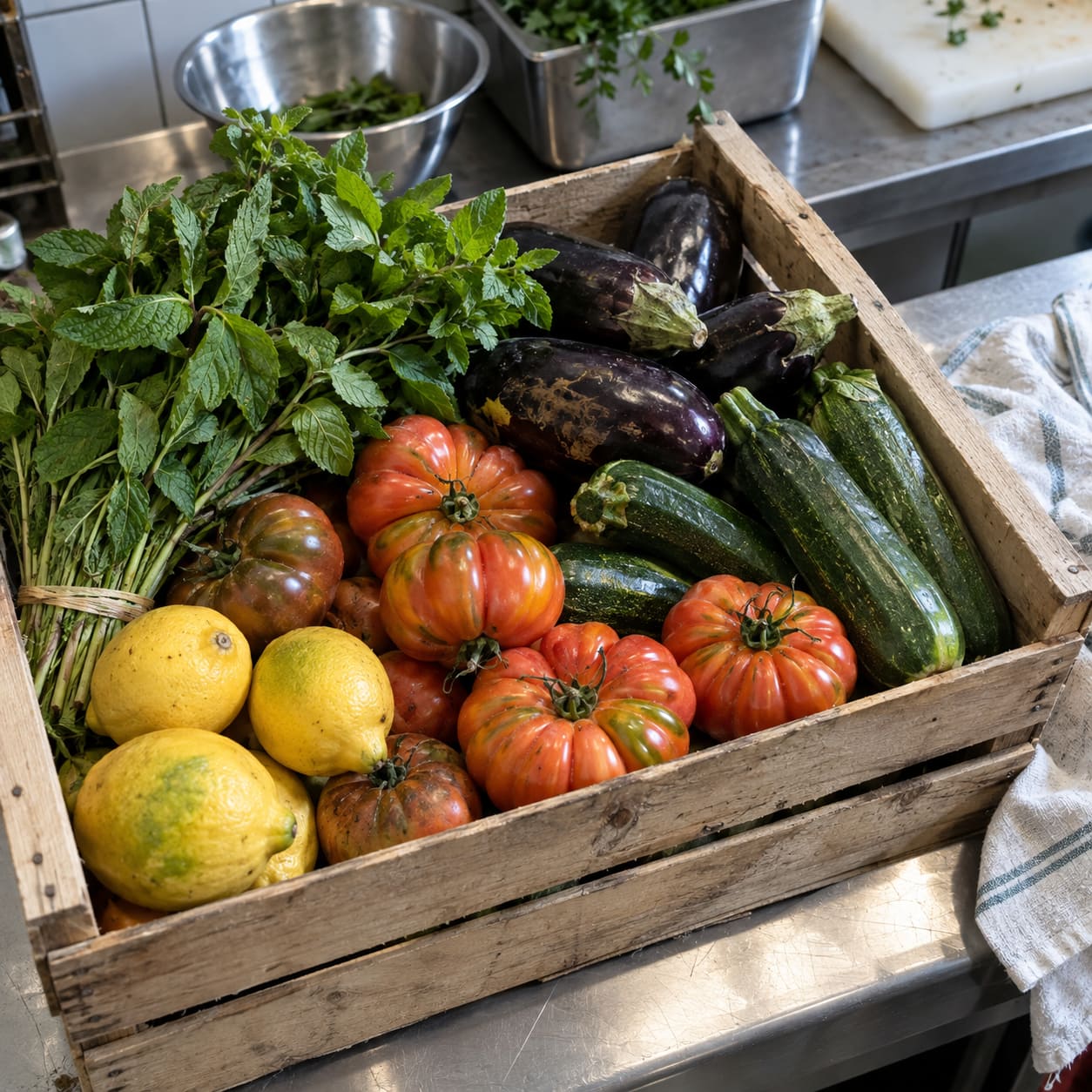 Légumes de saison non calibrés, livrés le matin même, posés en cuisine.
