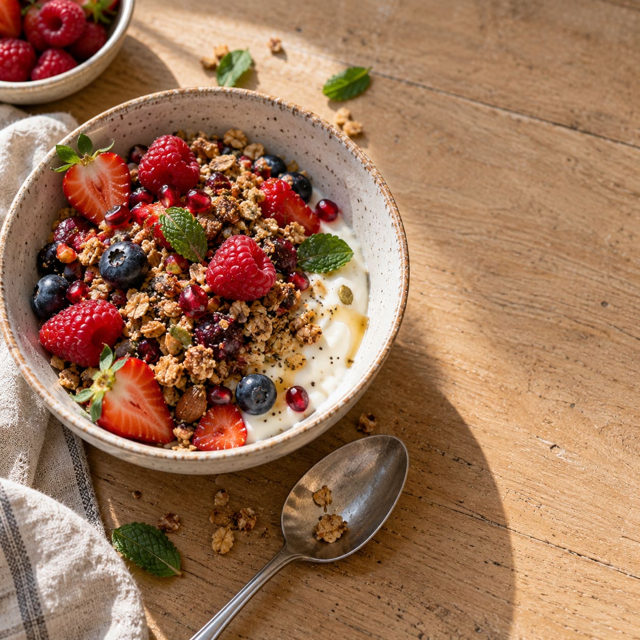 Bol de fruits rouges frais avec yaourt et granola maison, sur une table en bois clair.