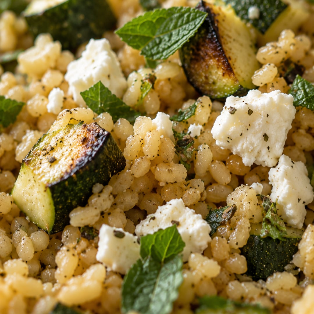Gros plan sur une salade de boulghour aux courgettes grillées, feta et menthe fraîche.