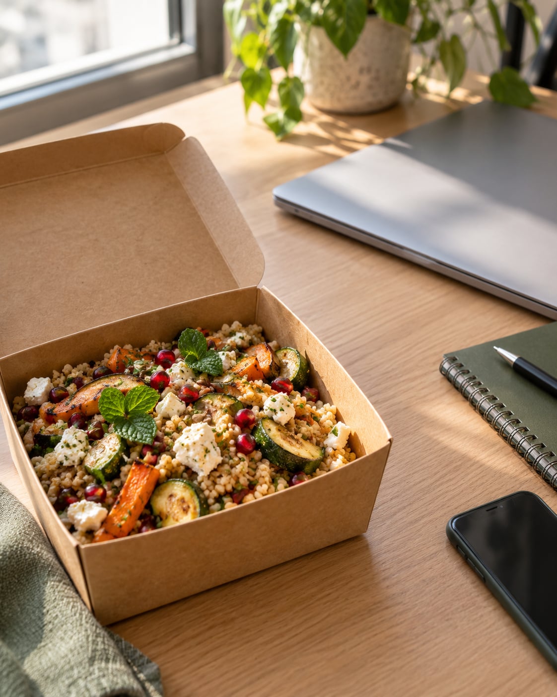 Lunch box ouverte avec bowl boulghour sur un bureau, ordinateur portable flou en arrière-plan.