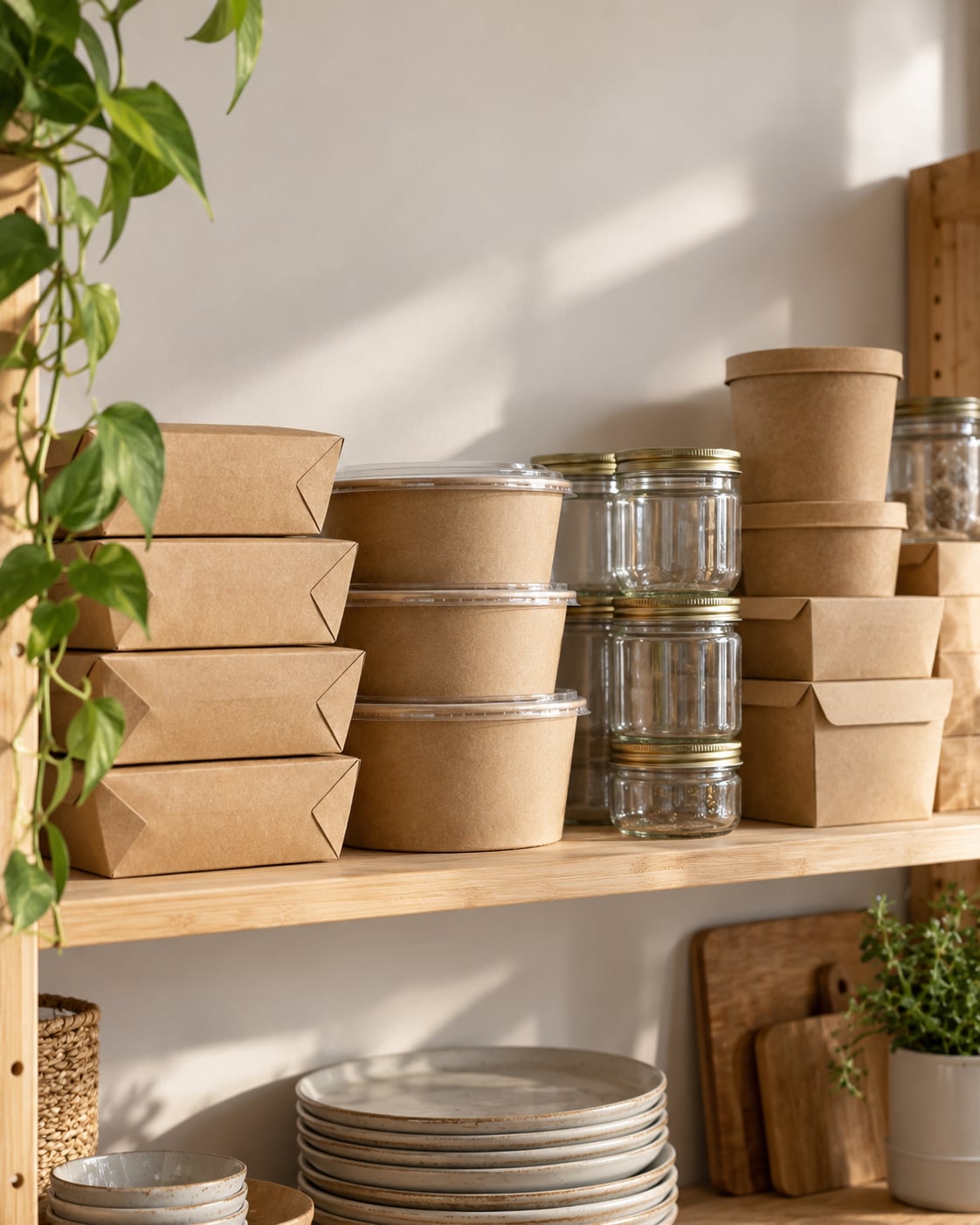 Contenants alimentaires en carton kraft et bocaux en verre vides, empilés sur une étagère en bois clair.